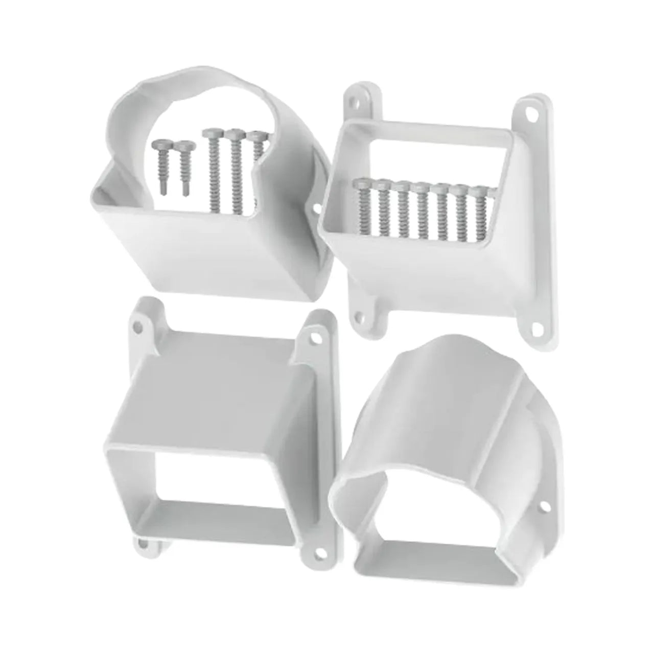The Go Build Traditional/Williamsburg Stair 4 Bracket Kit - White includes two round-top and two square-top brackets with mounting holes; screws are provided in two brackets. This low-maintenance kit installs easily on your wall.